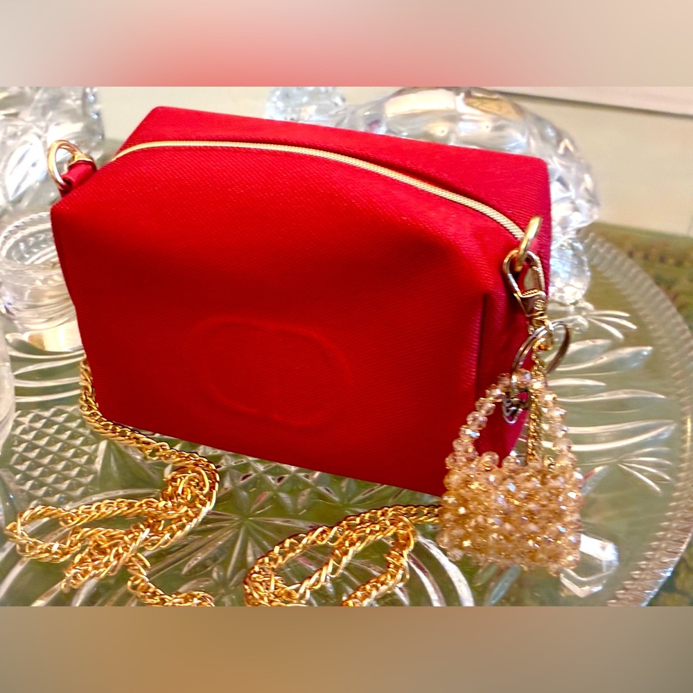 Dior Red Cosmetic Bag with Gold Chain & Stunning Rhinestone Gold Charm